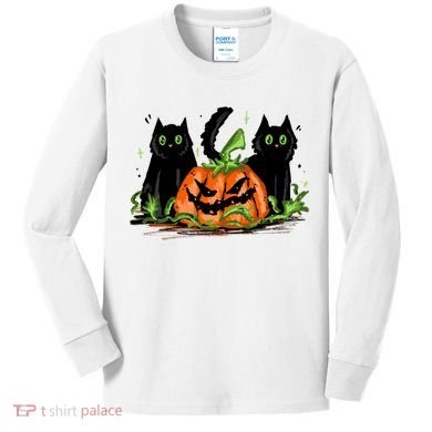 Black Cat Halloween Cute Pumpkin Kids Long Sleeve Shirt