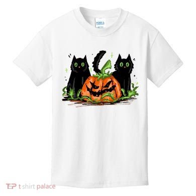 Black Cat Halloween Cute Pumpkin Kids T-Shirt