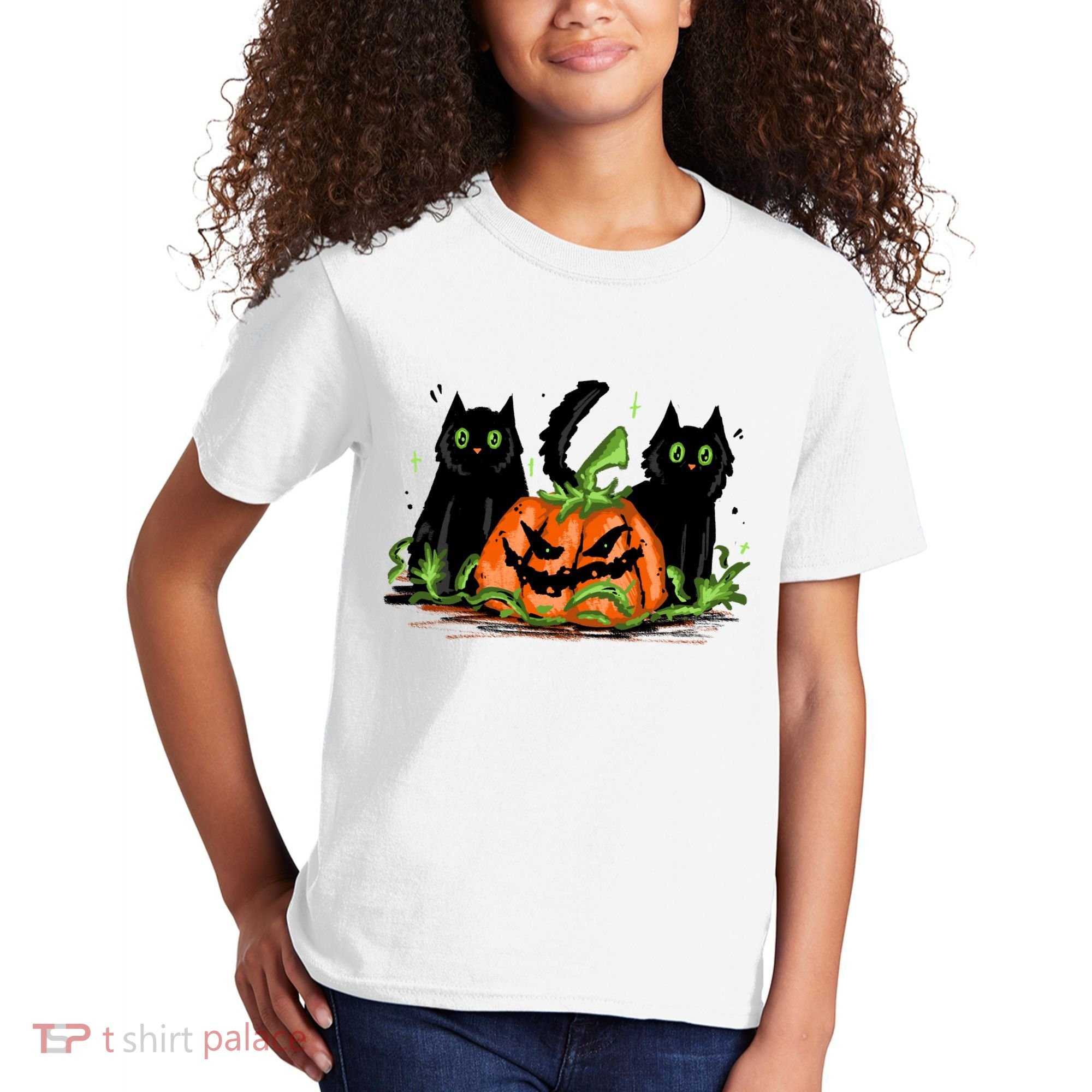 Black Cat Halloween Cute Pumpkin Kids T-Shirt