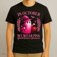 Breast Cancer Halloween Ghost Wear Pink In October T-Shirt thumb 3
