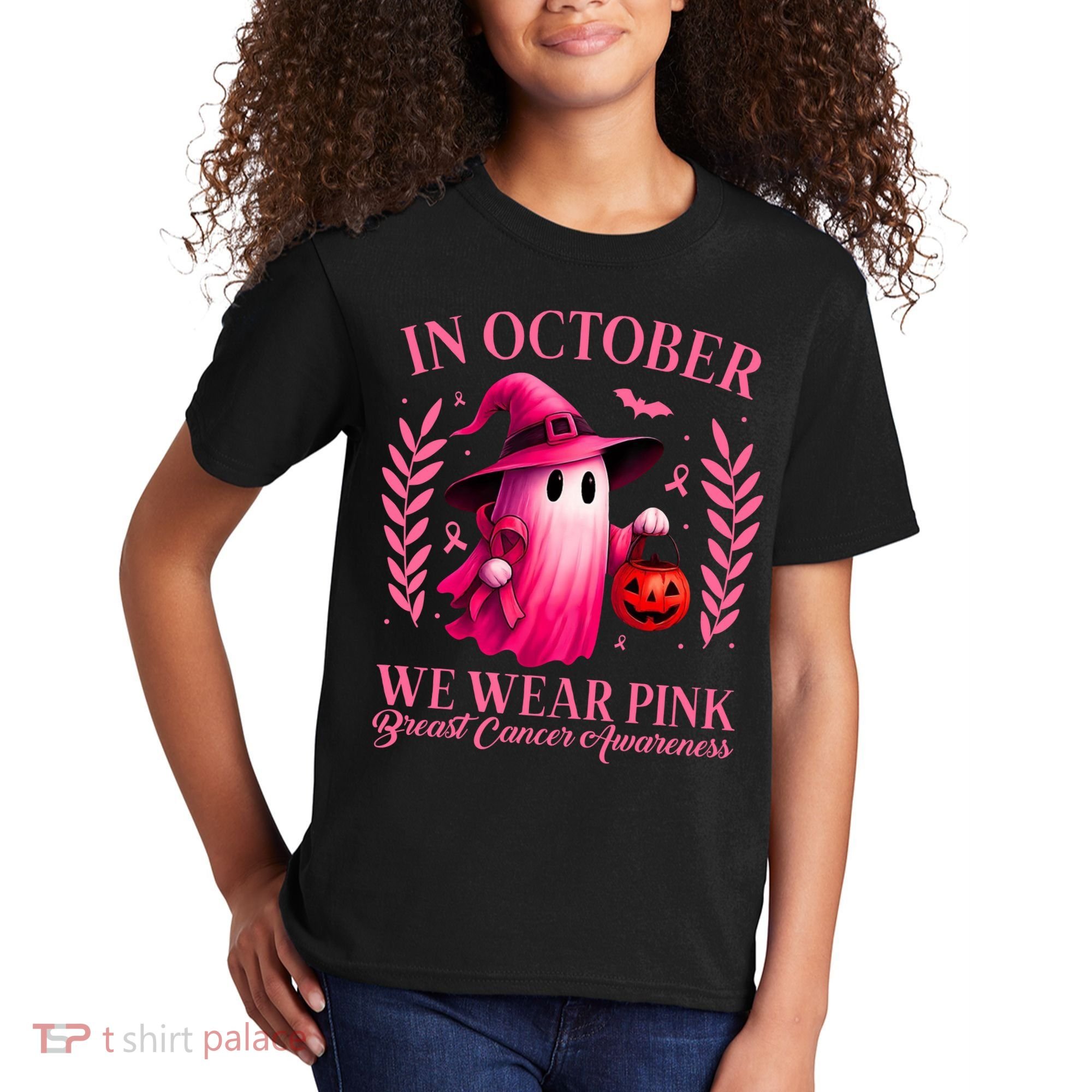 Breast Cancer Halloween Ghost Wear Pink In October Kids T-Shirt