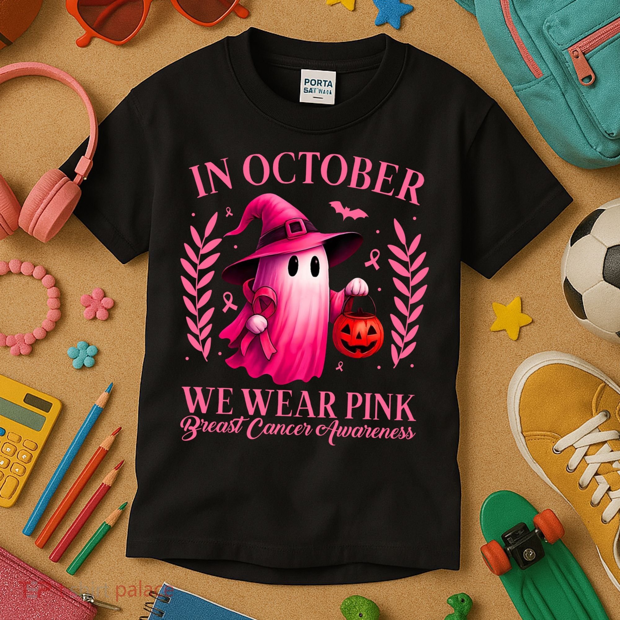 Breast Cancer Halloween Ghost Wear Pink In October Kids T-Shirt