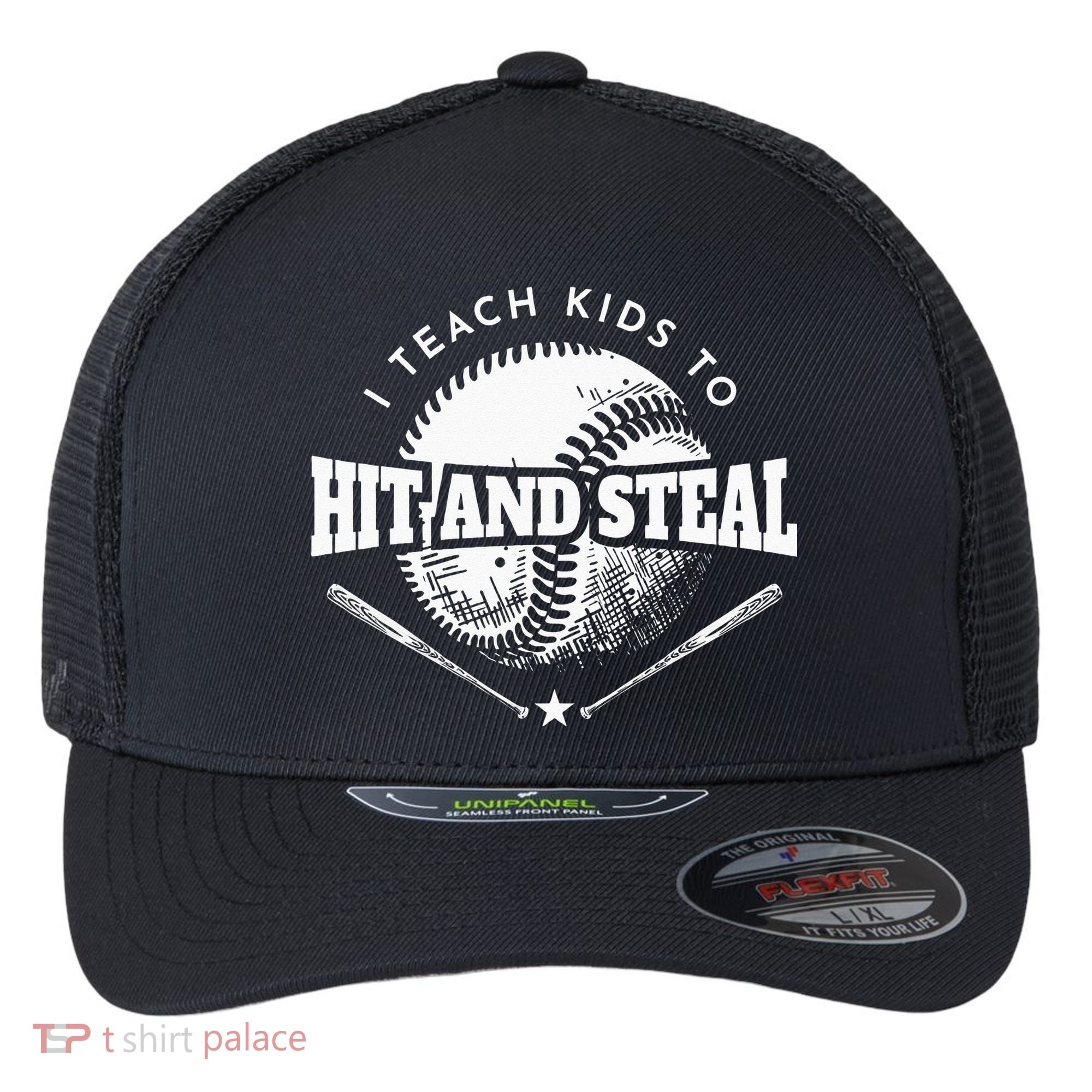 Baseball Coach I Teach Kids To Hit And Steal Flexfit Unipanel Trucker Cap