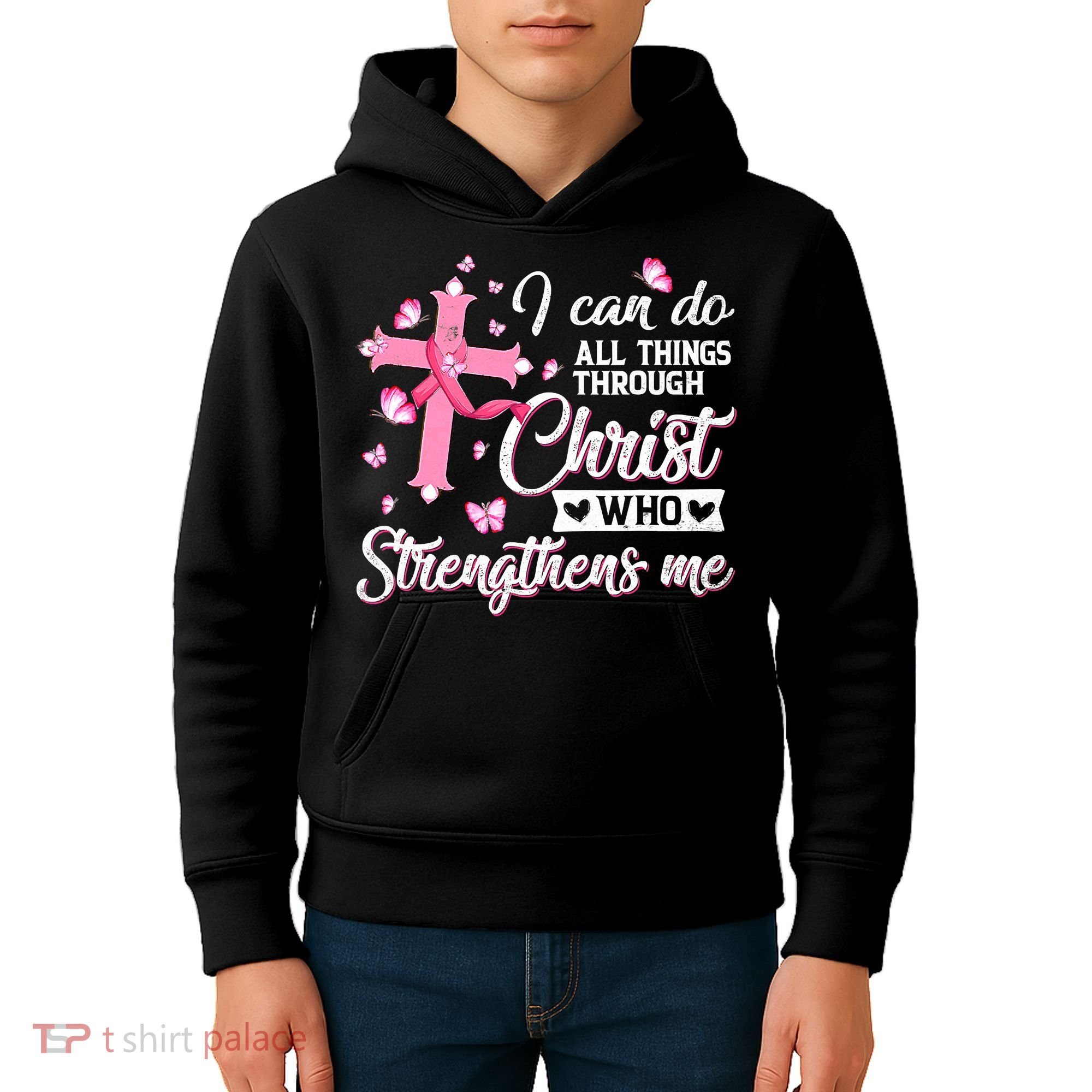 Breast Cancer I Can Do All Things Through Christ Kids Hoodie