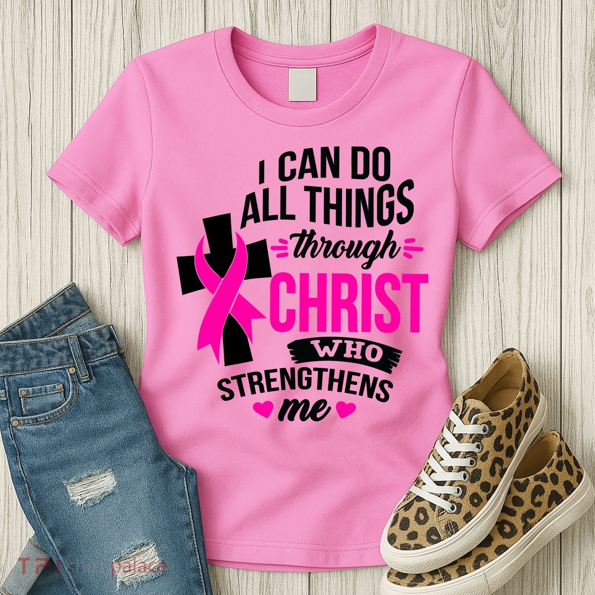 Breast Cancer I Can Do All Things Through Christ Awareness Women's T-Shirt