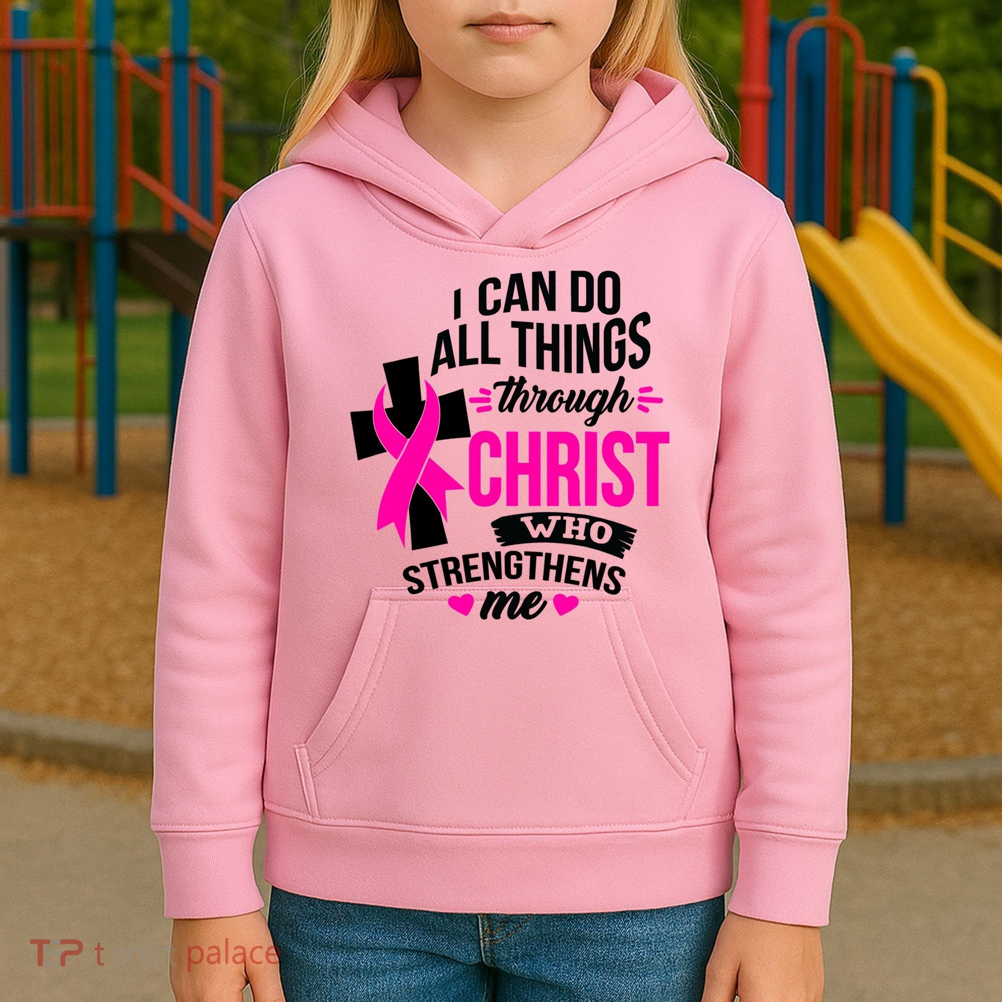 Breast Cancer I Can Do All Things Through Christ Awareness Kids Hoodie