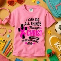 Breast Cancer I Can Do All Things Through Christ Awareness Kids T-Shirt thumb 3