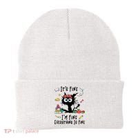 Black Cat It's Fine I'm Fine Everything Is Fine Teacher Life Gift Beanie thumb 0