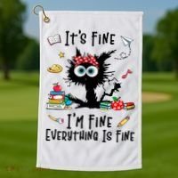 Black Cat It's Fine I'm Fine Everything Is Fine Teacher Life Gift Golf Towel thumb 1