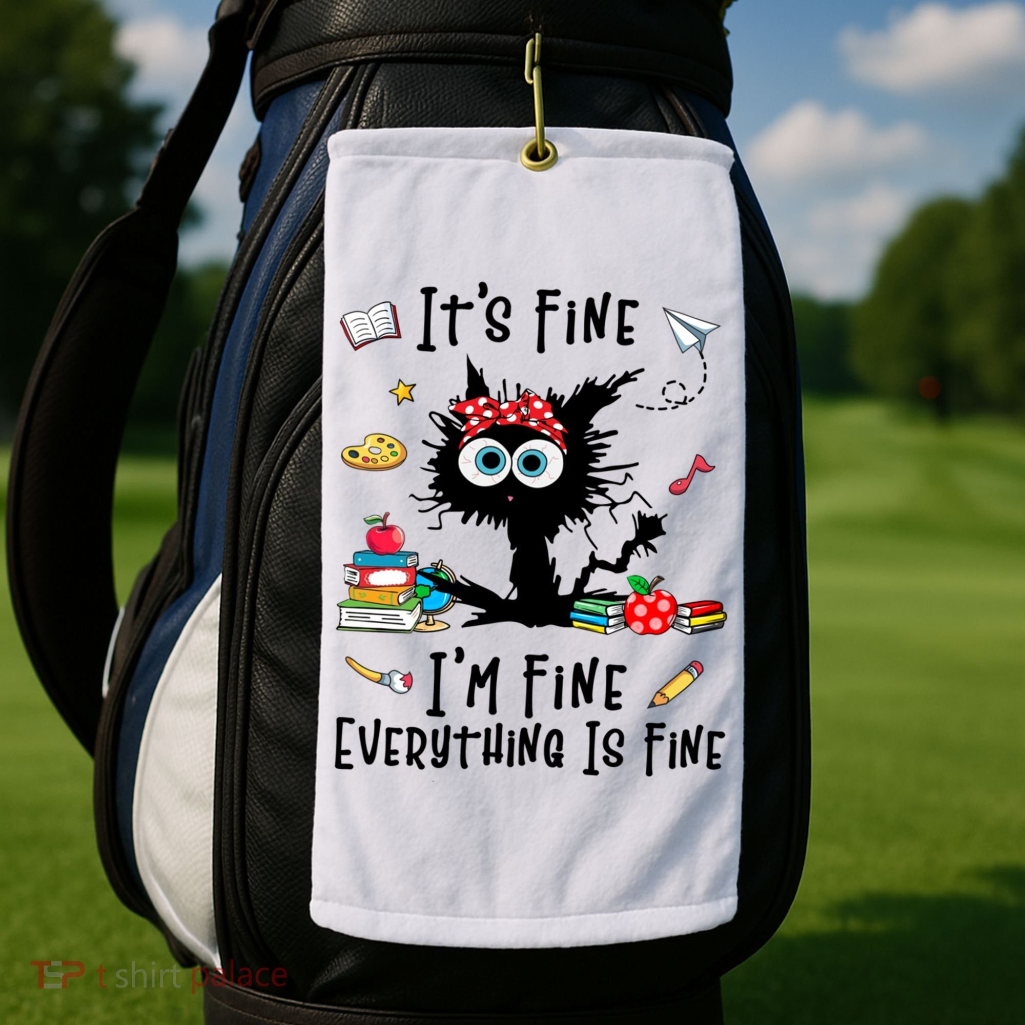 Black Cat It's Fine I'm Fine Everything Is Fine Teacher Life Gift Golf Towel
