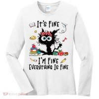 Black Cat It's Fine I'm Fine Everything Is Fine Teacher Life Gift Women's Long Sleeve Shirt thumb 0