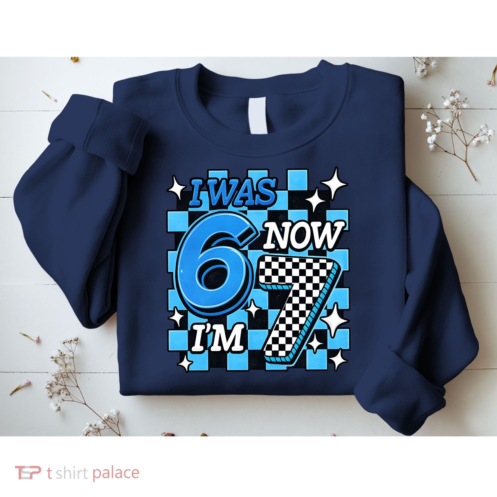 Blue Checkered I Was 6 Now I'm 7 67 Birthday Boy Sweatshirt