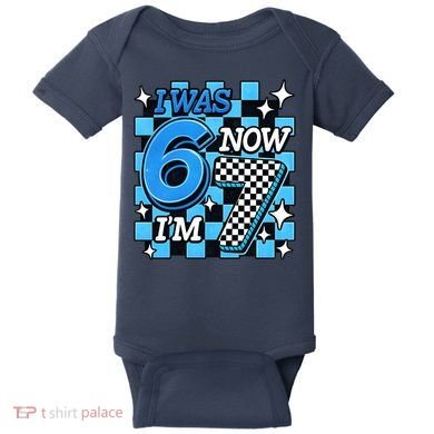 Blue Checkered I Was 6 Now I'm 7 67 Birthday Boy Baby Bodysuit