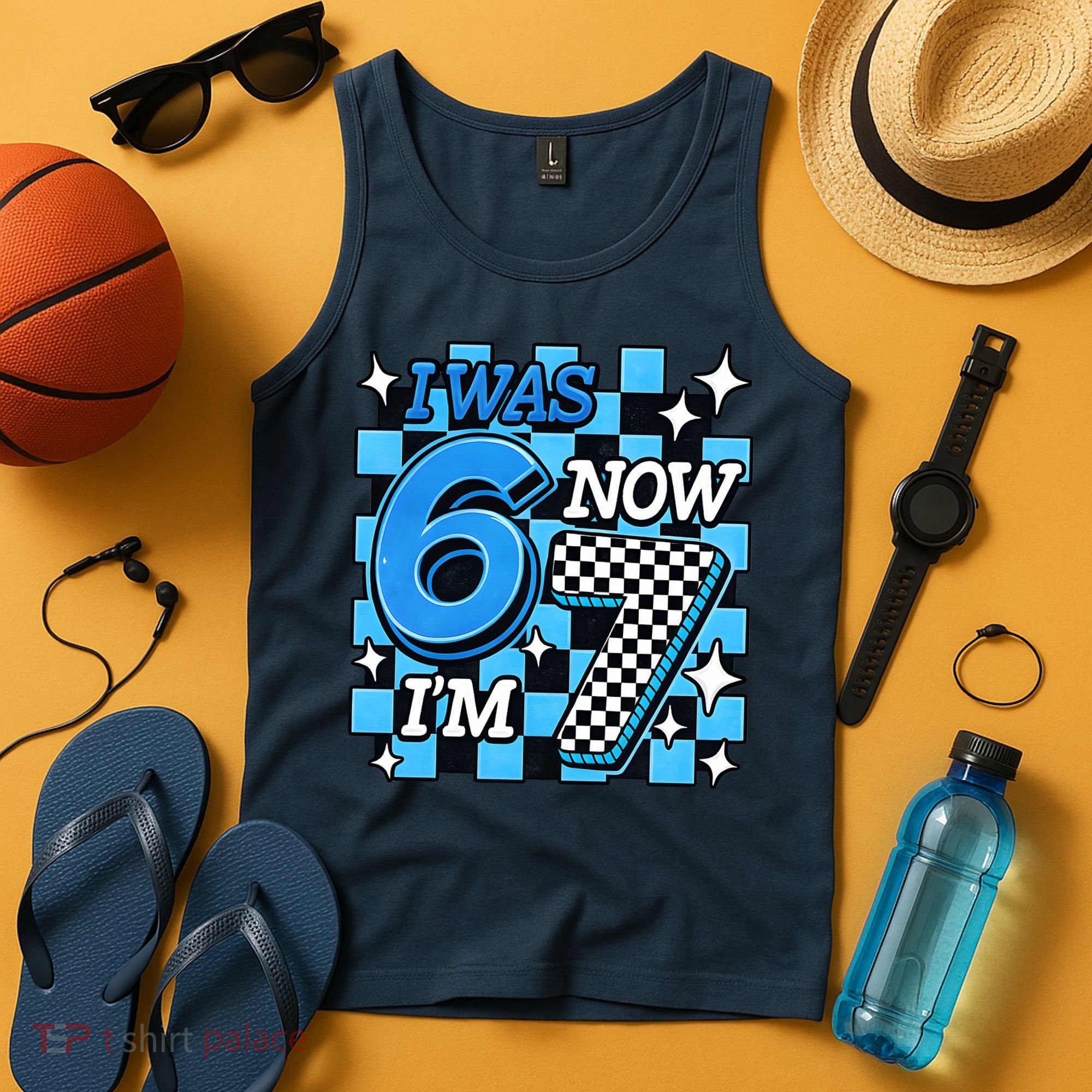 Blue Checkered I Was 6 Now I'm 7 67 Birthday Boy Tank Top