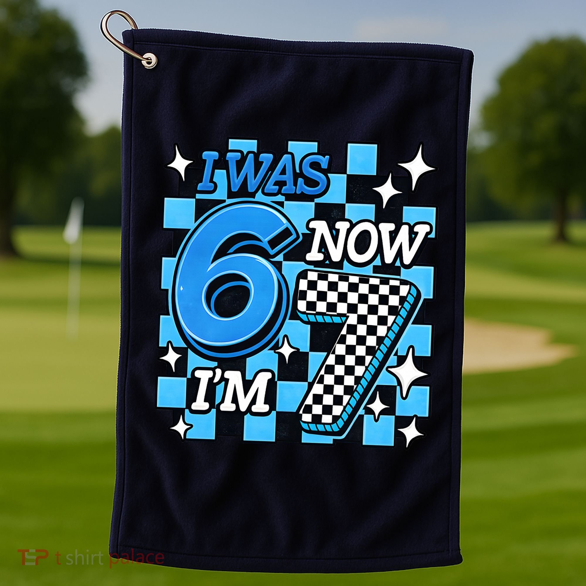 Blue Checkered I Was 6 Now I'm 7 67 Birthday Boy Golf Towel