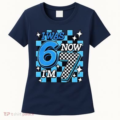 Blue Checkered I Was 6 Now I'm 7 67 Birthday Boy Women's T-Shirt