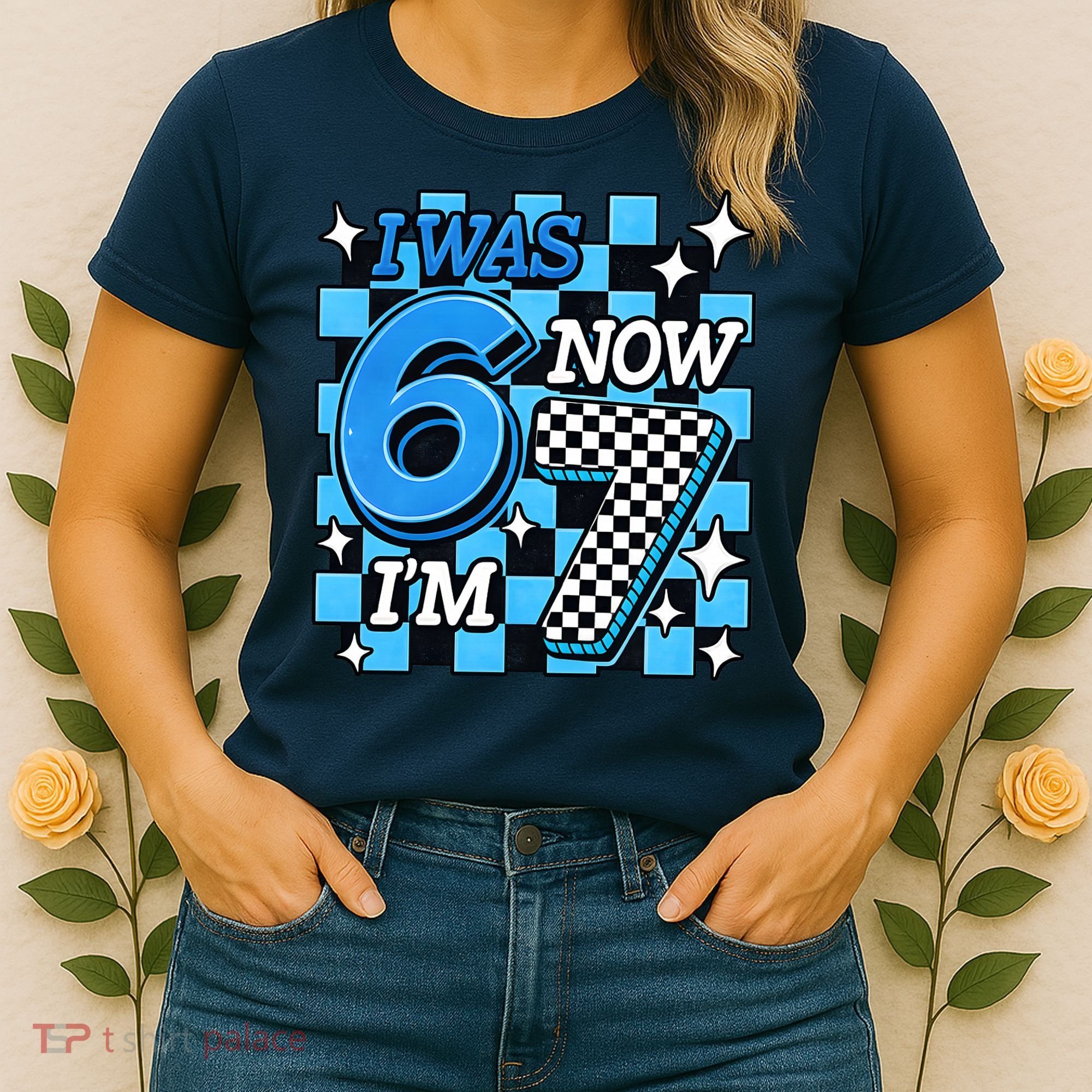 Blue Checkered I Was 6 Now I'm 7 67 Birthday Boy Women's T-Shirt