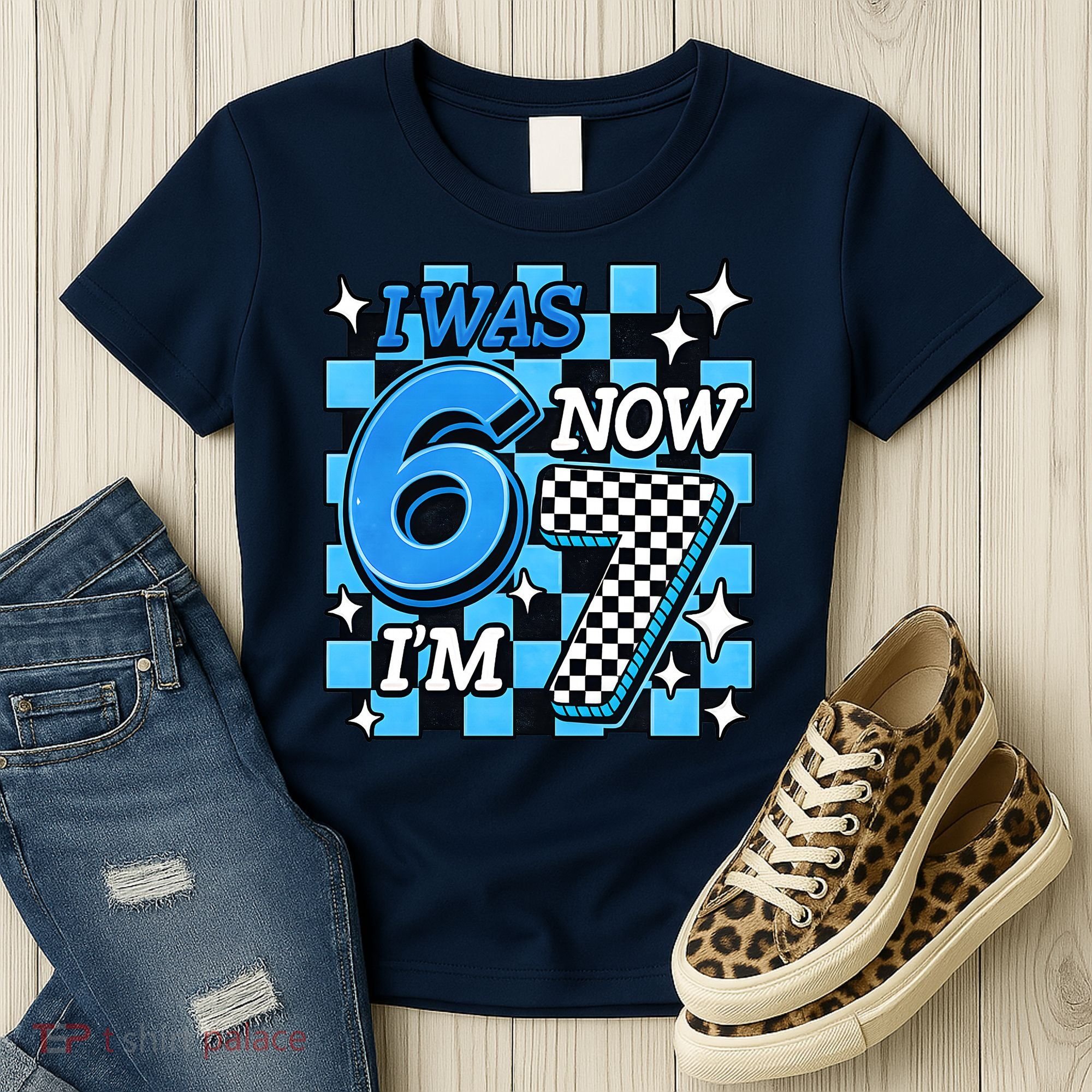 Blue Checkered I Was 6 Now I'm 7 67 Birthday Boy Women's T-Shirt