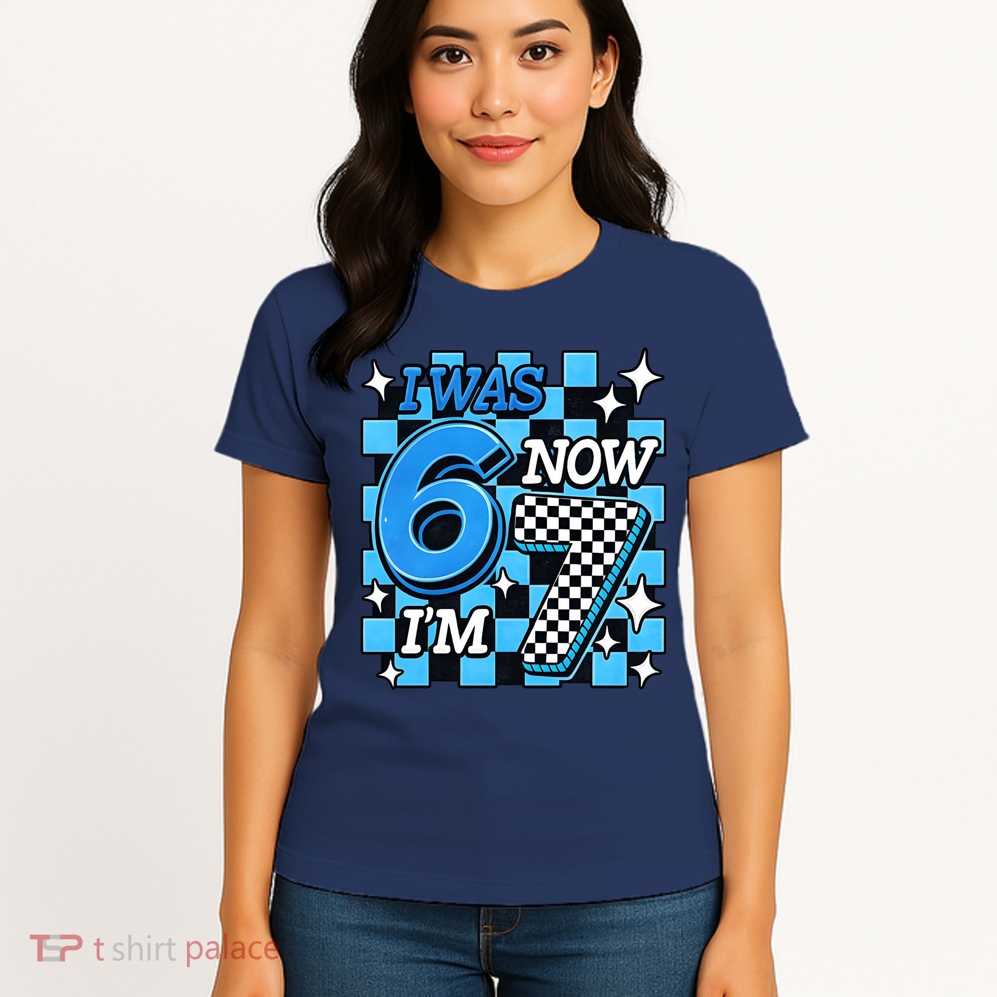 Blue Checkered I Was 6 Now I'm 7 67 Birthday Boy Women's T-Shirt