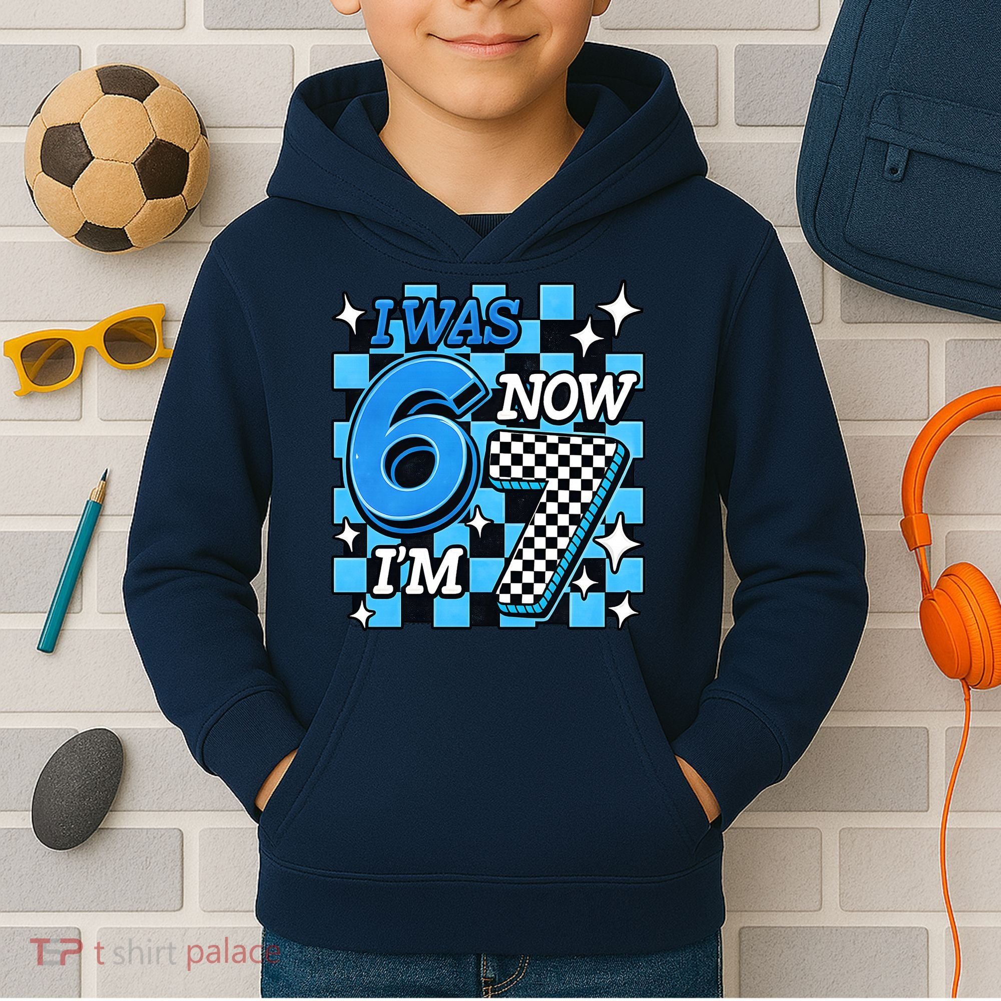 Blue Checkered I Was 6 Now I'm 7 67 Birthday Boy Kids Hoodie