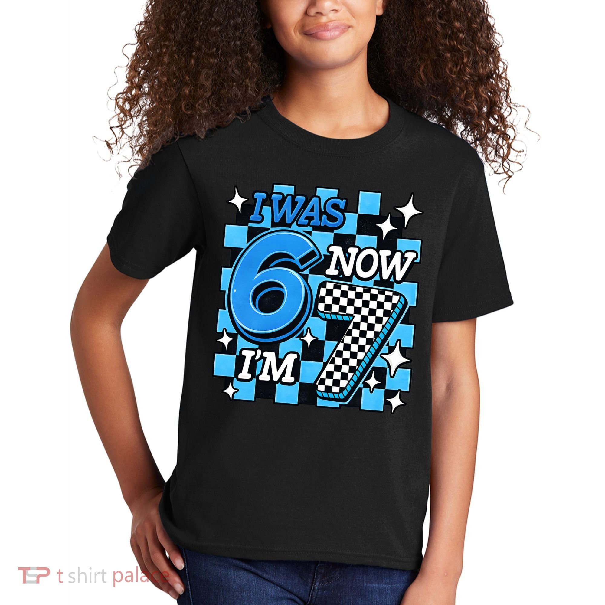 Blue Checkered I Was 6 Now I'm 7 67 Birthday Boy Kids T-Shirt