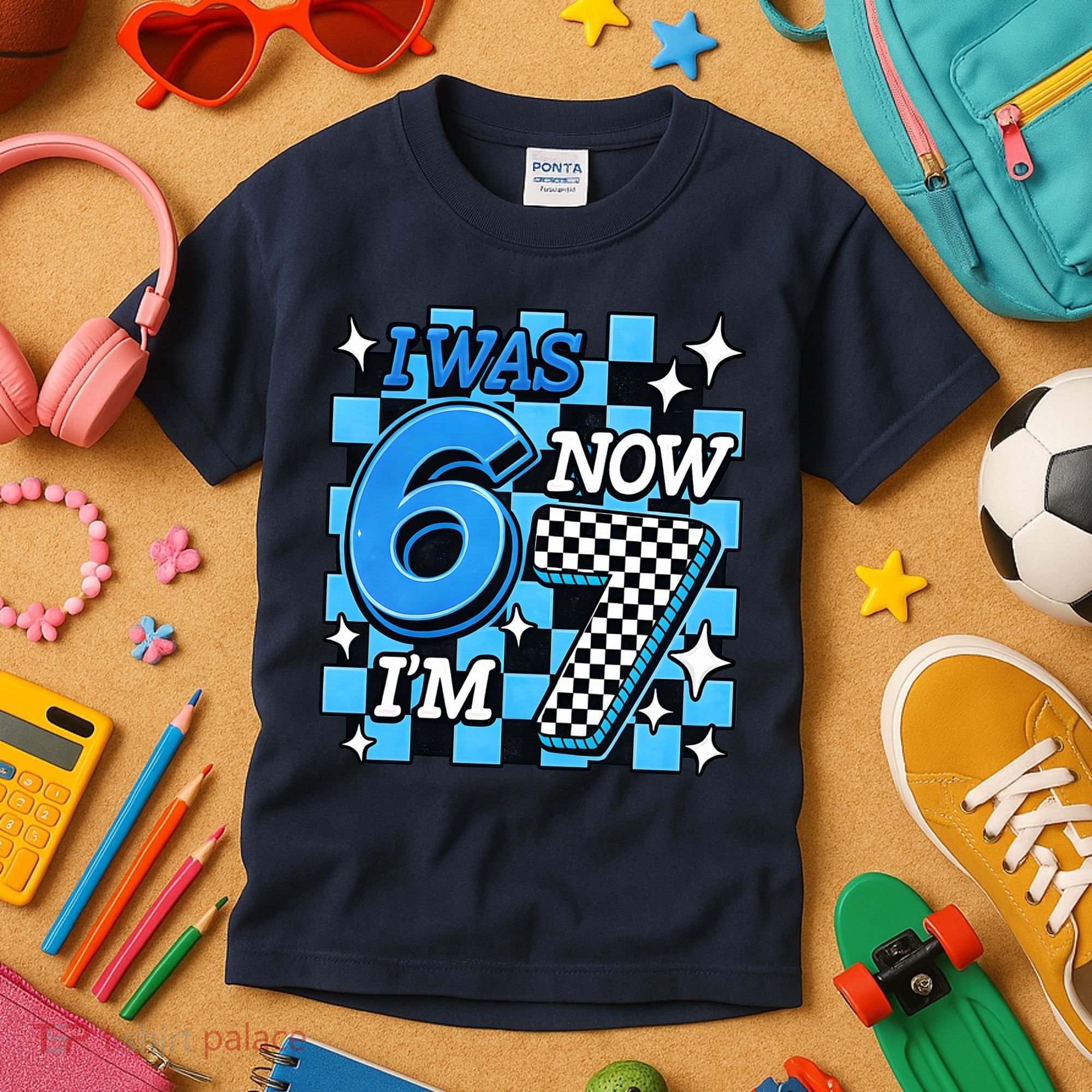Blue Checkered I Was 6 Now I'm 7 67 Birthday Boy Kids T-Shirt