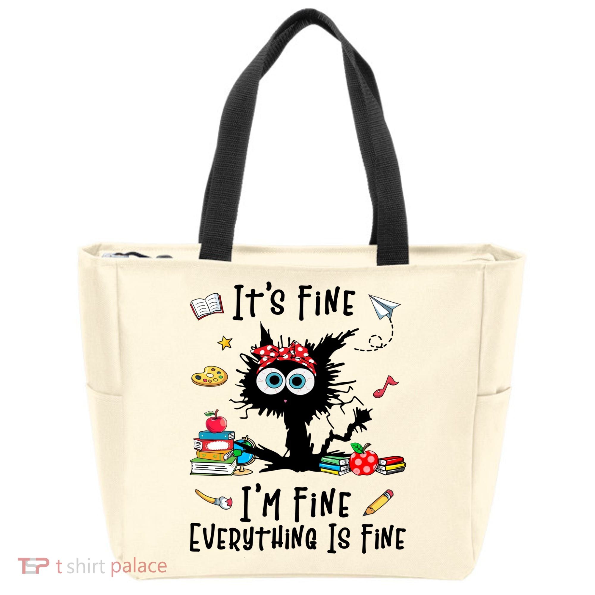 Black Cat It's Fine I'm Fine Everything Is Fine Teacher Xmas Gift Tote Bag