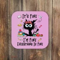Black Cat It's Fine I'm Fine Everything Is Fine Teacher Xmas Gift Coaster thumb 0