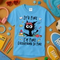Black Cat It's Fine I'm Fine Everything Is Fine Teacher Xmas Gift Kids T-Shirt thumb 3