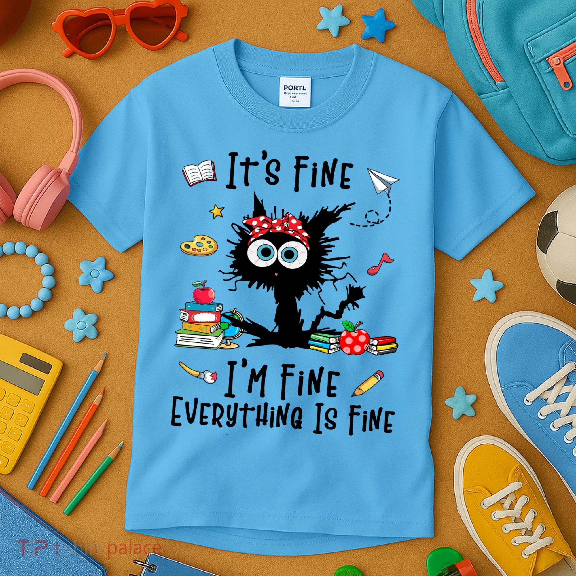 Black Cat It's Fine I'm Fine Everything Is Fine Teacher Xmas Gift Kids T-Shirt