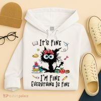 Black Cat It's Fine I'm Fine Everything Is Fine Teacher Xmas Gift Hoodie thumb 4
