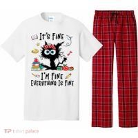Black Cat It's Fine I'm Fine Everything Is Fine Teacher Xmas Gift Pajama Set thumb 0