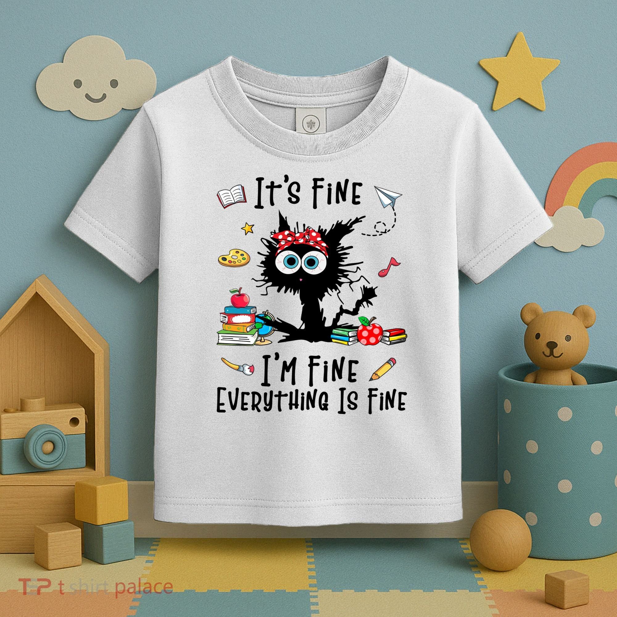 Black Cat It's Fine I'm Fine Everything Is Fine Teacher Xmas Gift Toddler T-Shirt