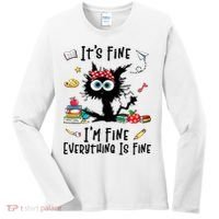Black Cat It's Fine I'm Fine Everything Is Fine Teacher Xmas Gift Women's Long Sleeve Shirt thumb 0