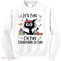 Black Cat It's Fine I'm Fine Everything Is Fine Teacher Xmas Gift Kids Sweatshirt thumb 0