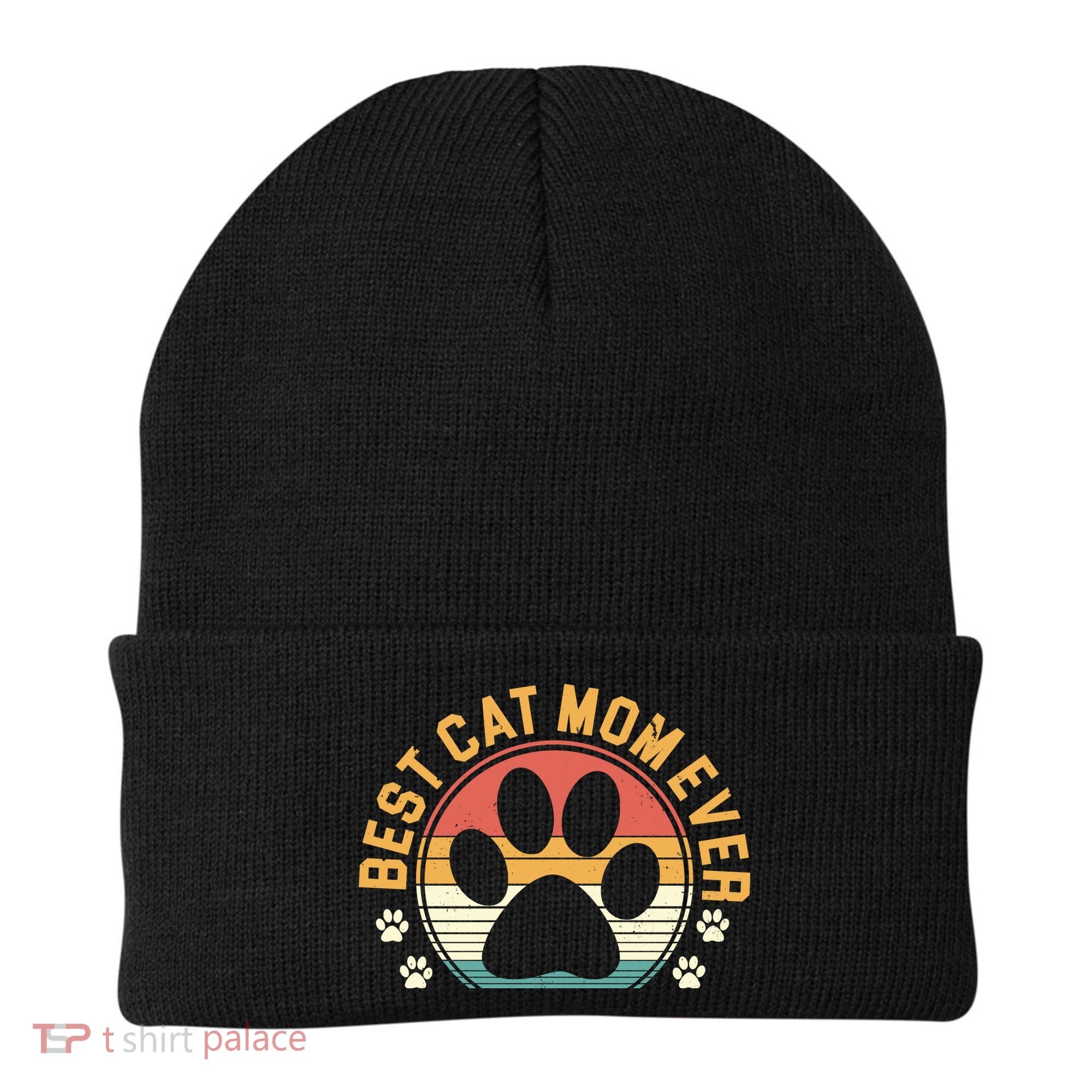 Best Cat Mom Ever Retro Sunset Beanie