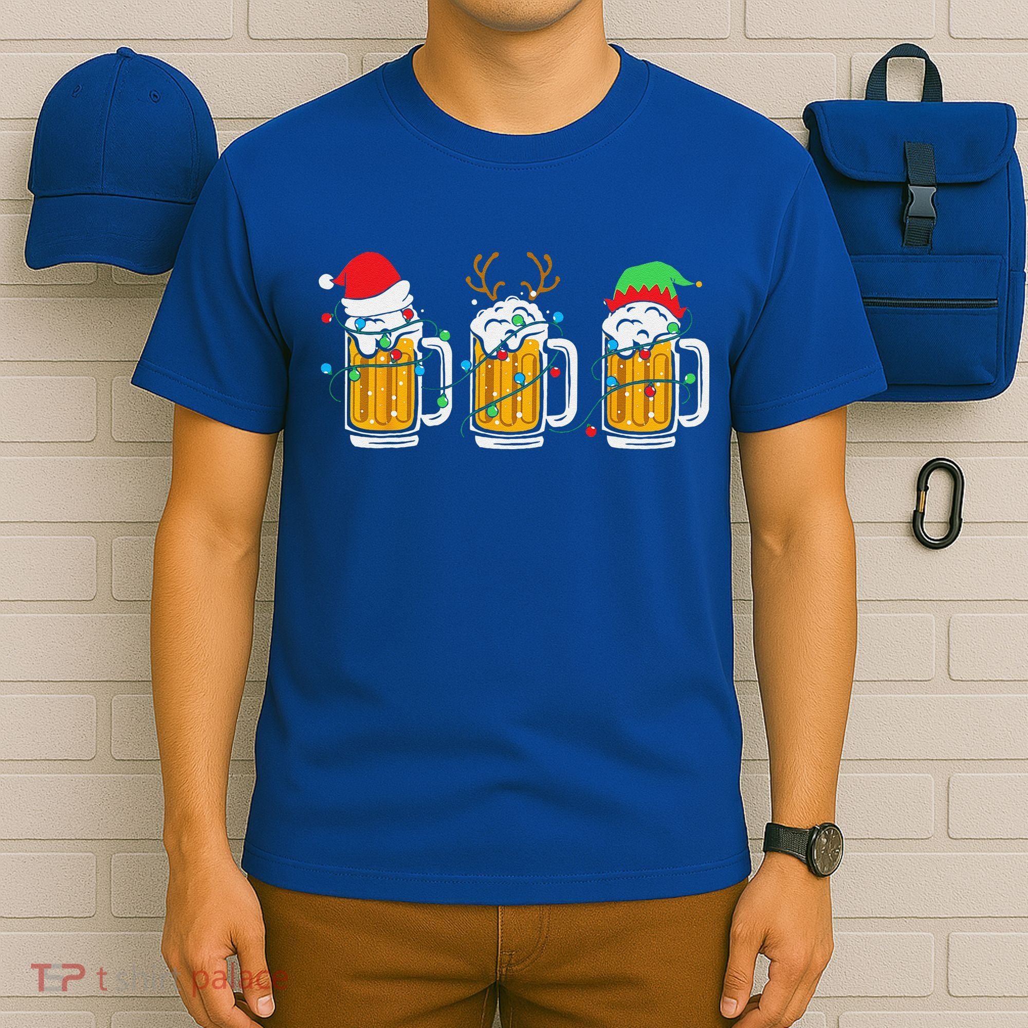 Beer Christmas Mug Santa Reinbeer Xmas Tree Lights Funny Funny T-Shirt