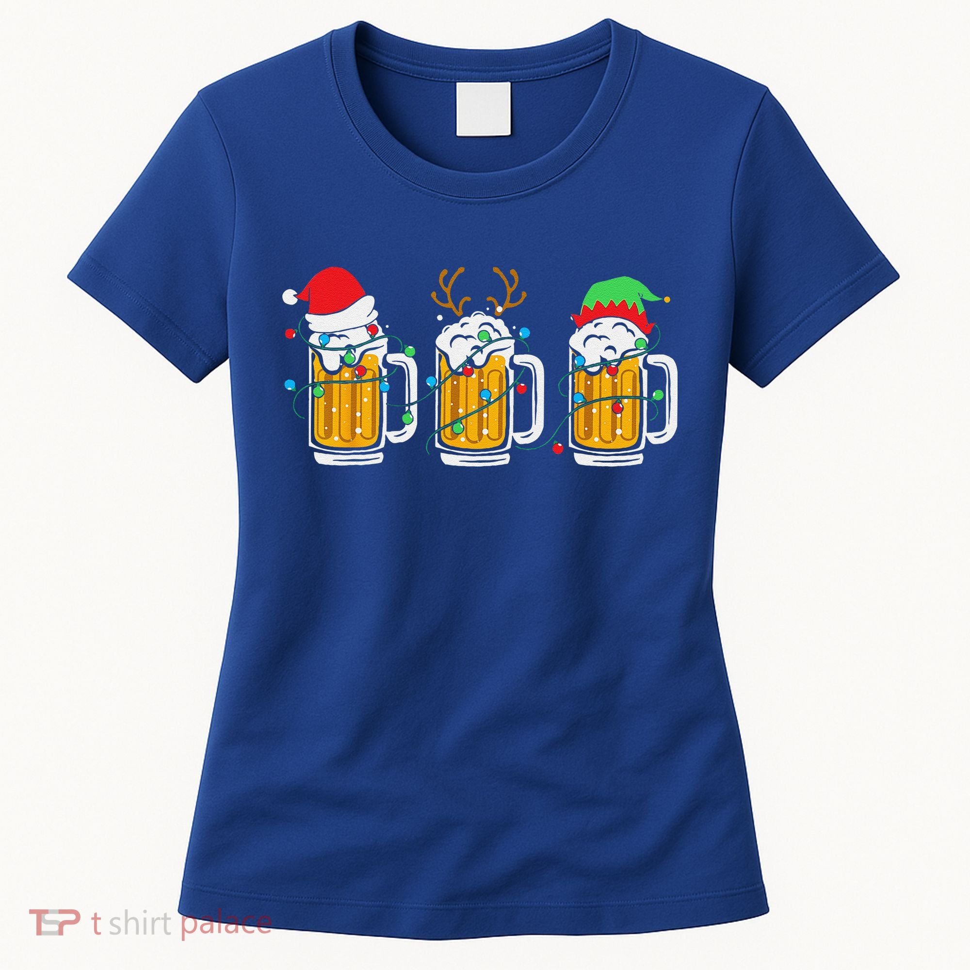 Beer Christmas Mug Santa Reinbeer Xmas Tree Lights Funny Funny Women's T-Shirt