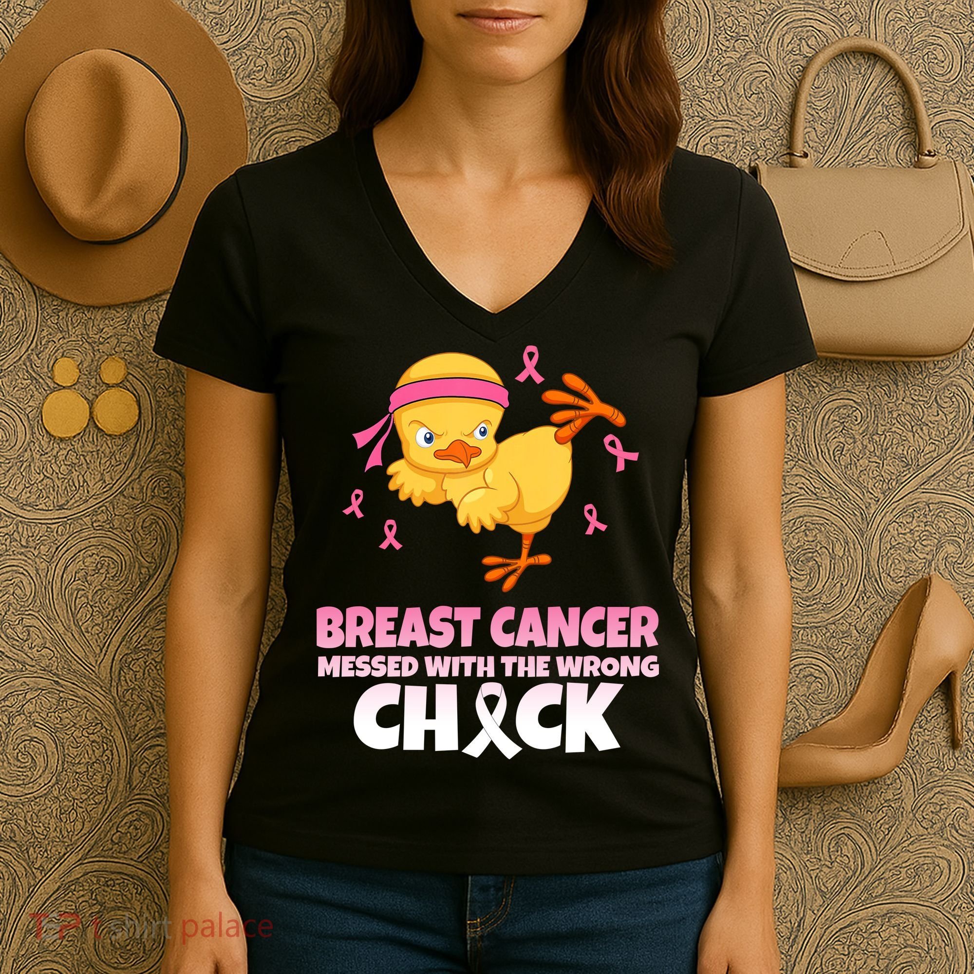 Breast Cancer Messed With The Wrong Chick Women's V-Neck T-Shirt