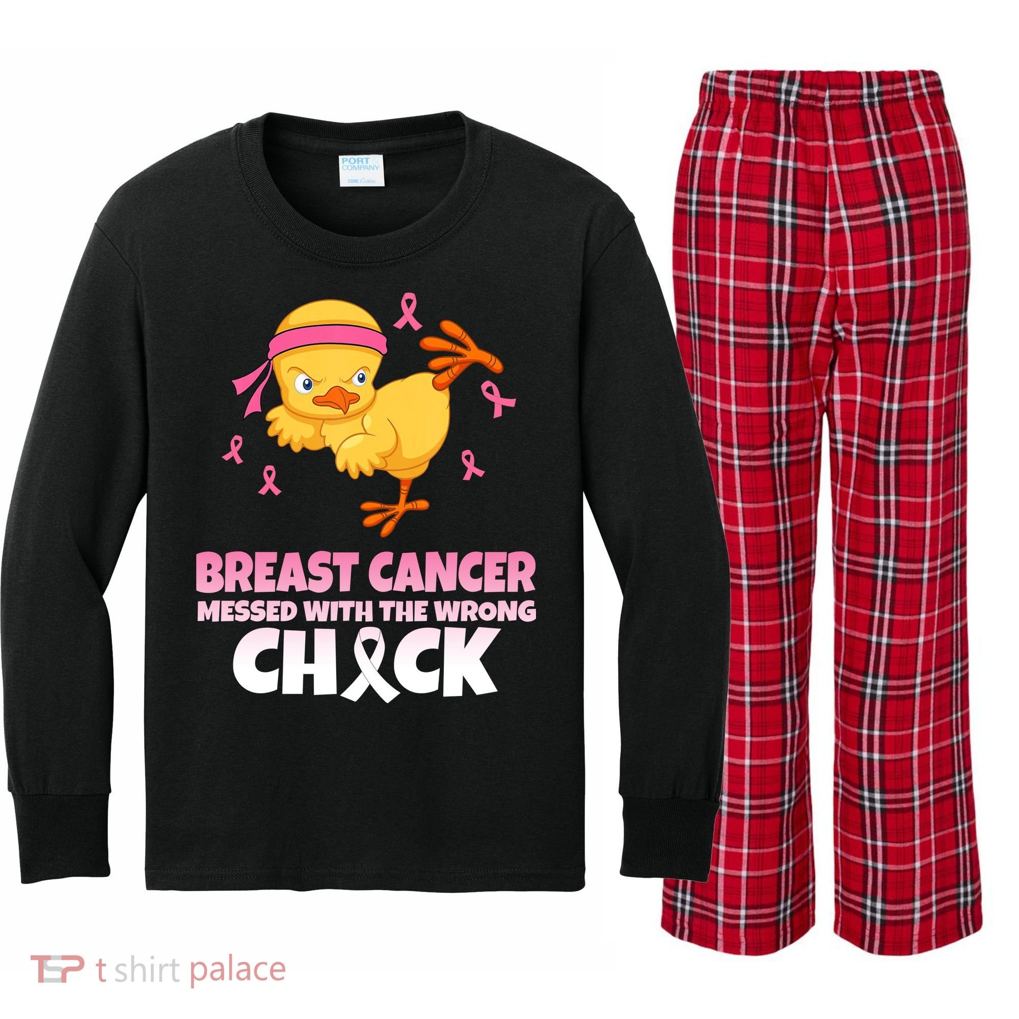 Breast Cancer Messed With The Wrong Chick Kids Long Sleeve Plaid Pajama Set