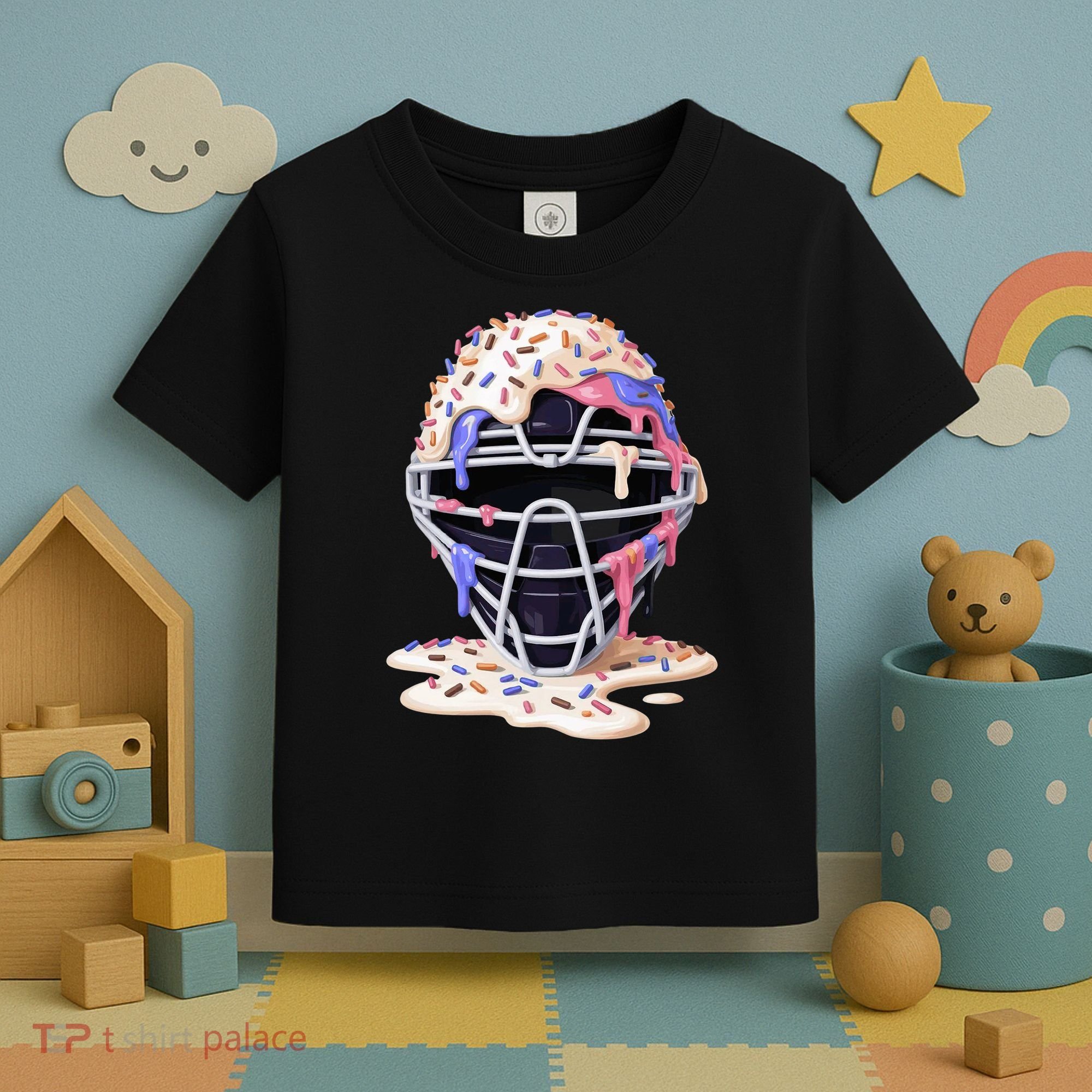 Baseball Catcher Mask Ice Cream Dripping Fan Toddler T-Shirt
