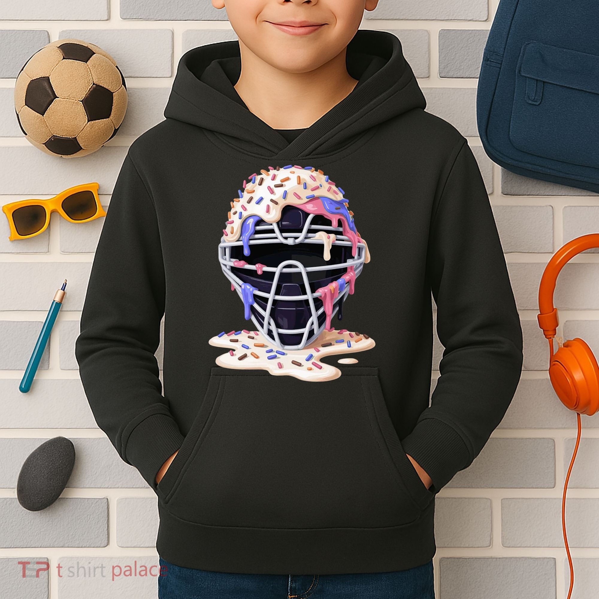 Baseball Catcher Mask Ice Cream Dripping Fan Kids Hoodie
