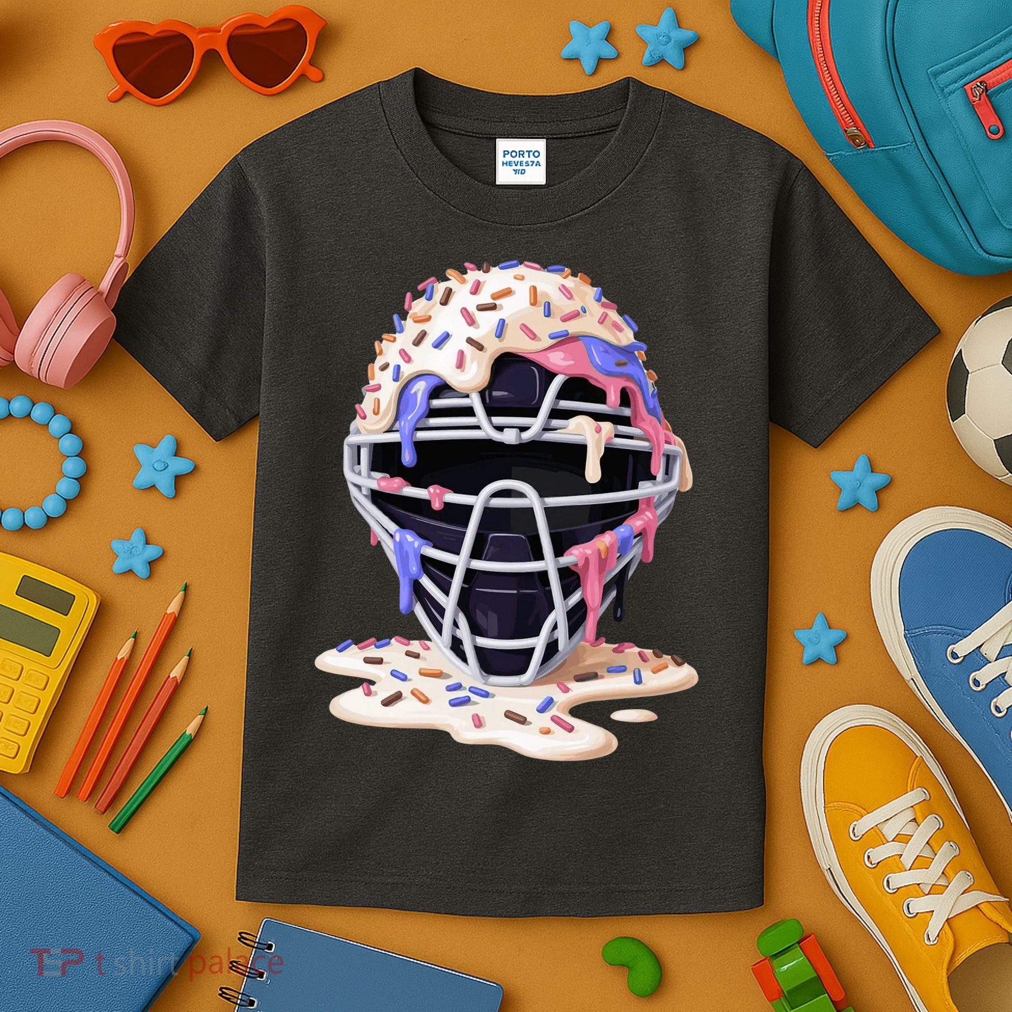 Baseball Catcher Mask Ice Cream Dripping Fan Kids T-Shirt