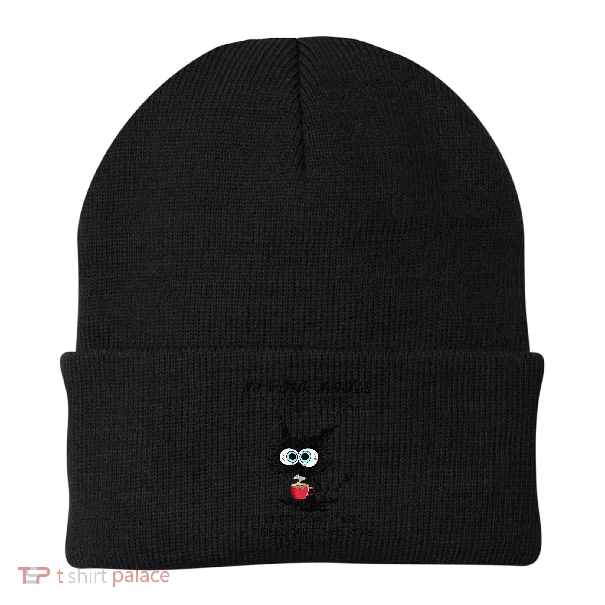 Black Cat My Four Moods I Need Coffee I Need A Nap Coffee Beanie