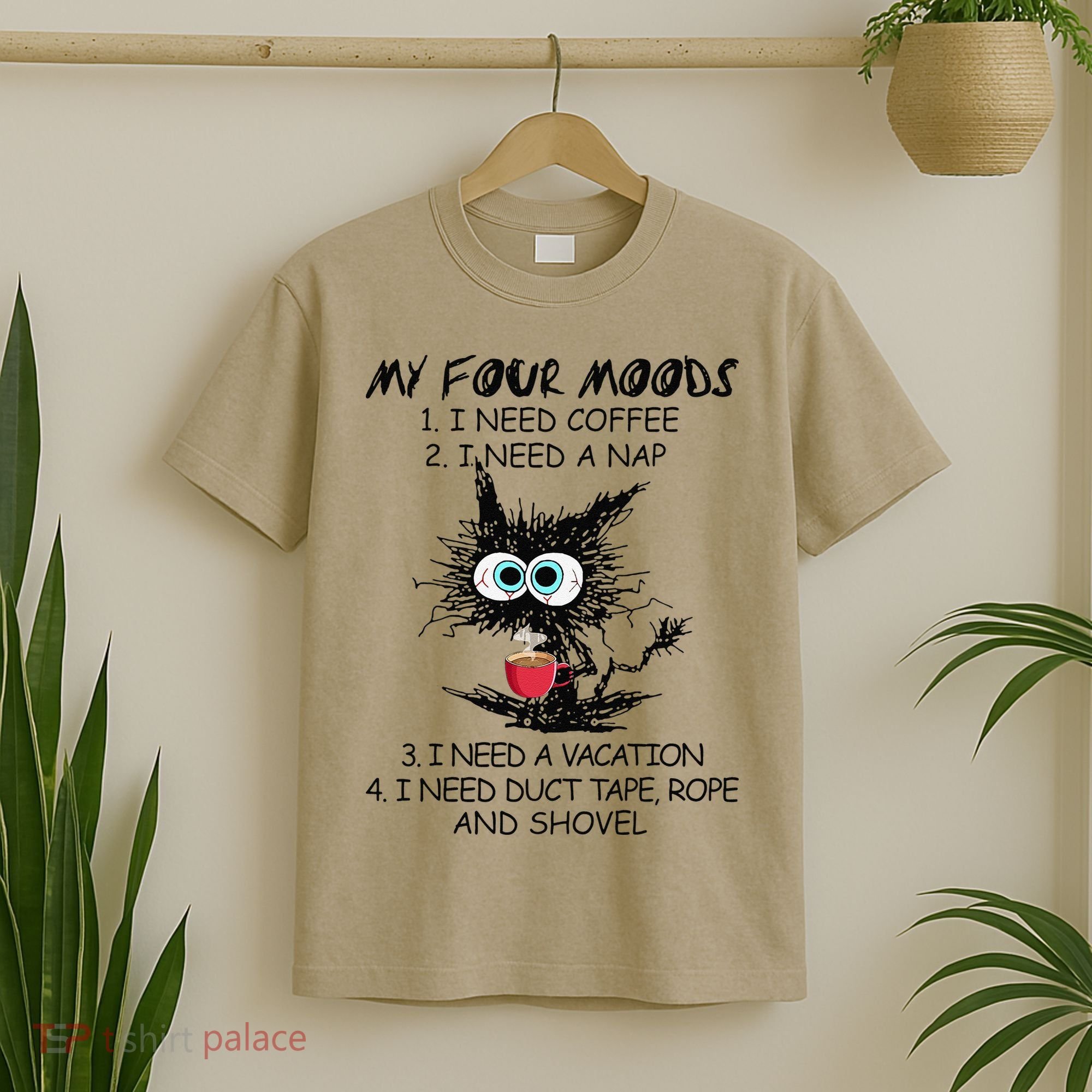 Black Cat My Four Moods I Need Coffee I Need A Nap Coffee T-Shirt