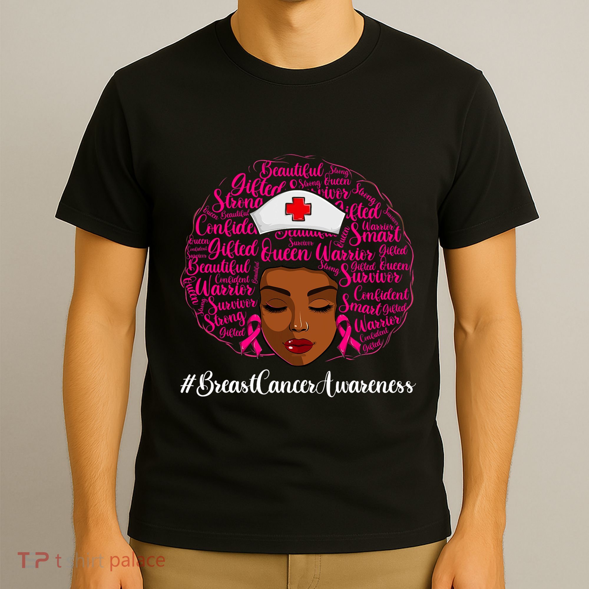 Breast Cancer Nursing African Black Nurse Ribbon T-Shirt