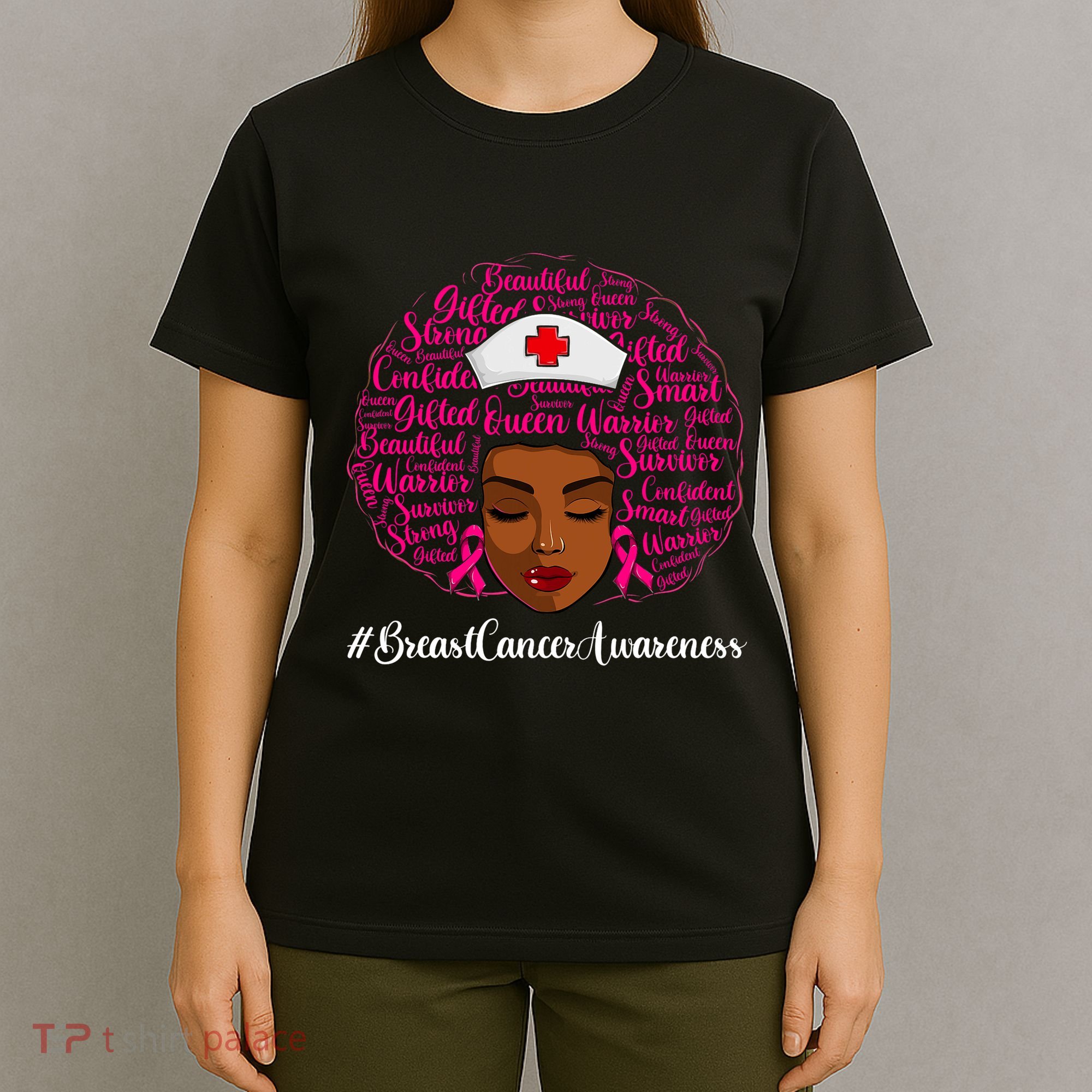 Breast Cancer Nursing African Black Nurse Ribbon T-Shirt