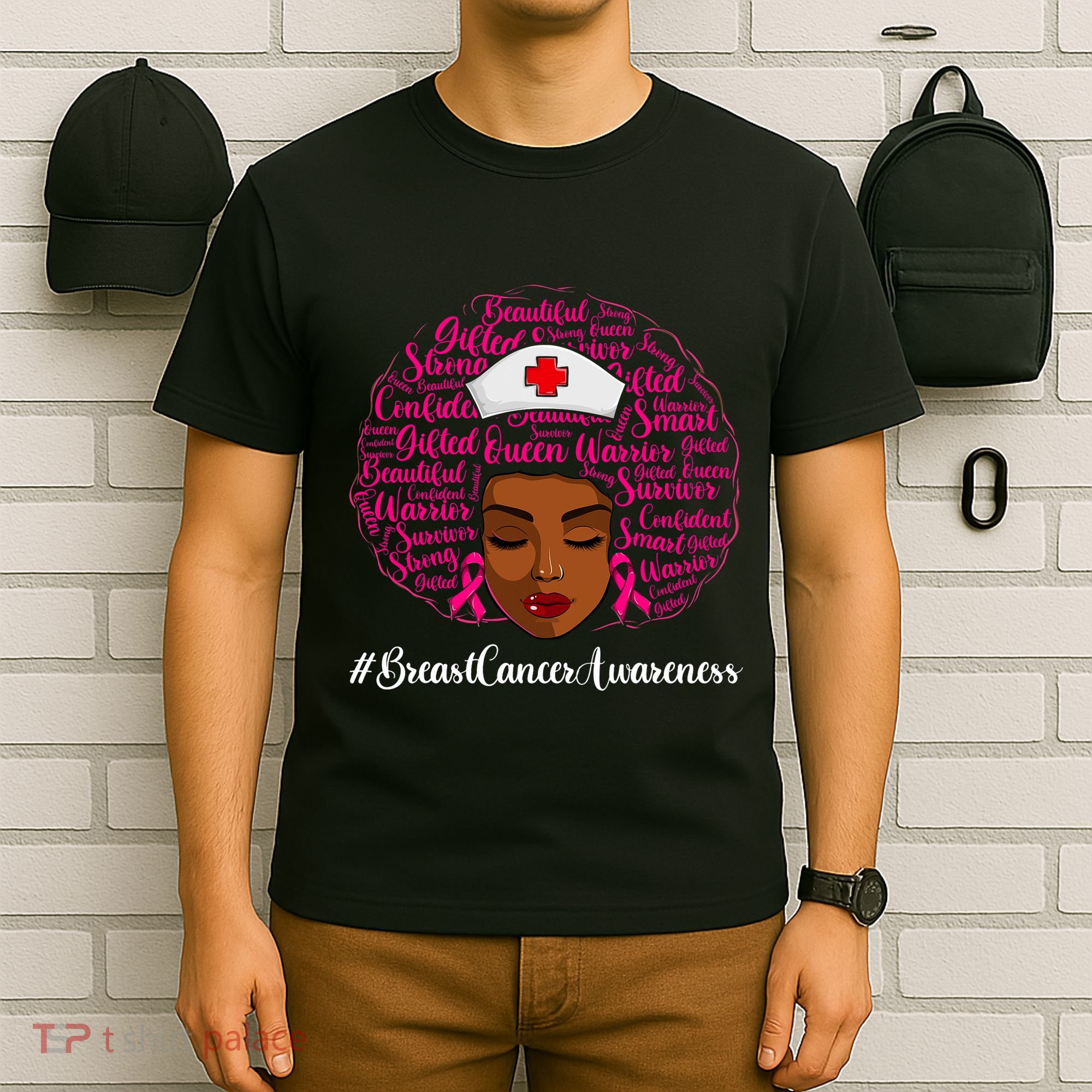 Breast Cancer Nursing African Black Nurse Ribbon T-Shirt