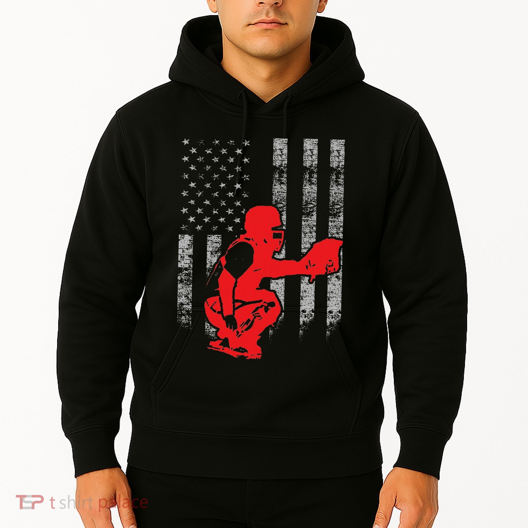 Baseball Catcher On American Flag Baseball Catcher Flag Hoodie
