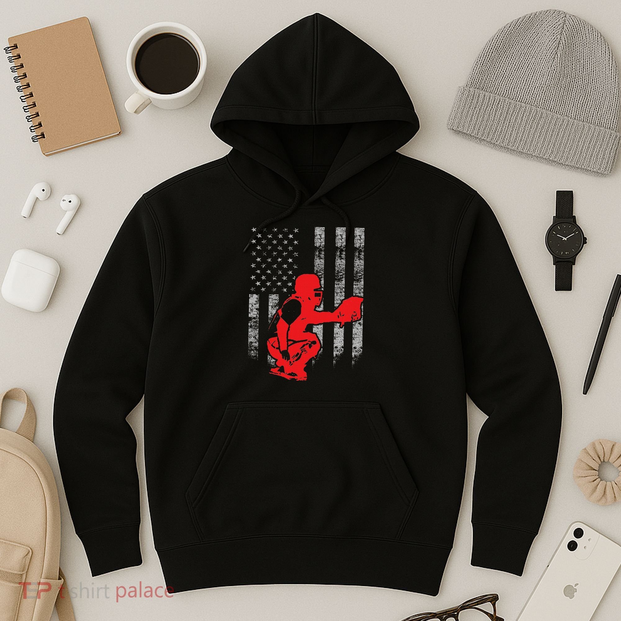 Baseball Catcher On American Flag Baseball Catcher Flag Hoodie